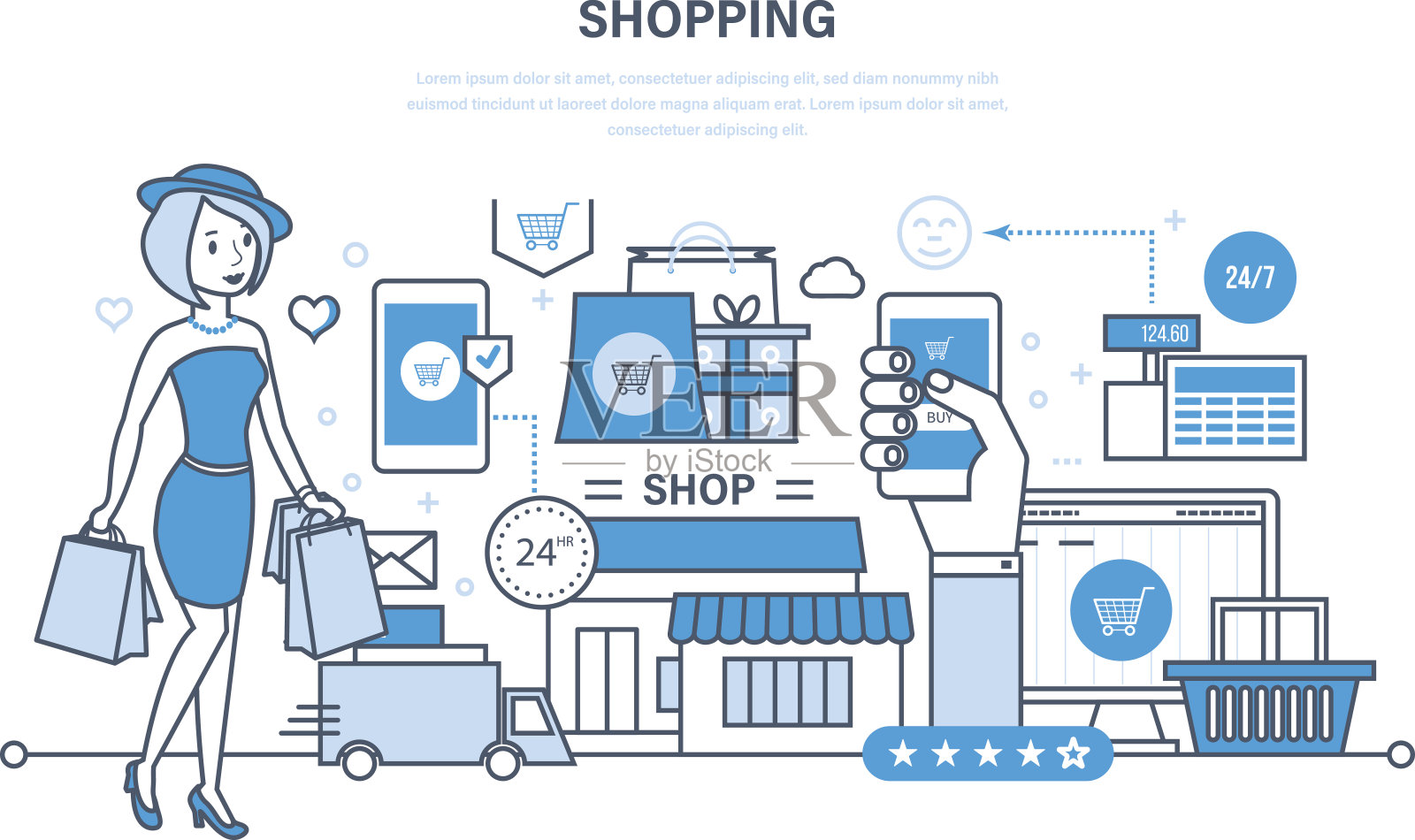 現代購物、網上訂購產品系統,安全支付、送貨插畫圖片素材